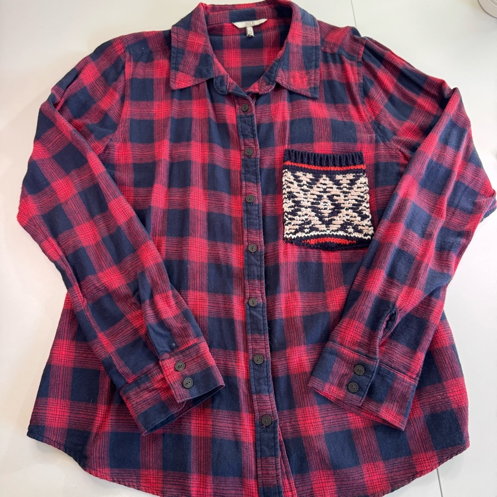 BKE Buckle Flannel Plaid Woman Cozycore Button Up Shirt Crochet Pocket- Size M